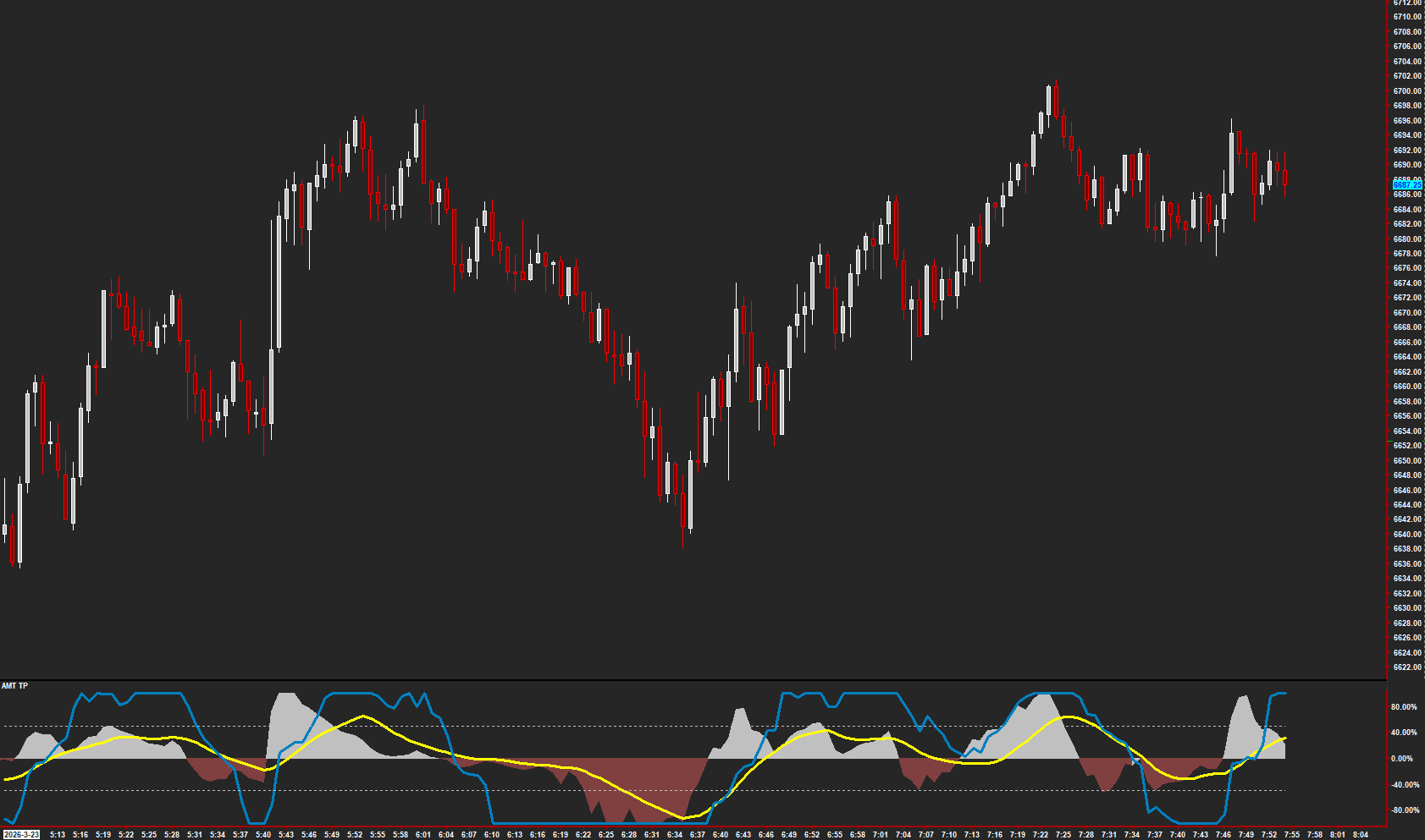 AMT TP oscillator showing combined Time and Price analysis on a futures chart